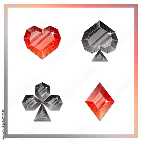  Suits of playing cards. Spades  Hearts  Clubs  Diamonds. Isolated objects on a white background. Black and red crystals.