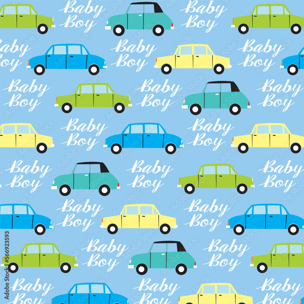 baby shower seamless pattern with cars and text