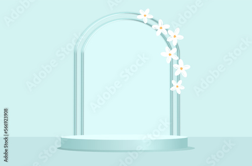 Green mint podium display 3d rendering with cute flower vector minimal pastel product backdrop.