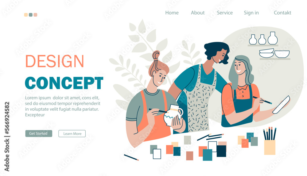 Website landing page about pottery classes, workshop, art classes for adults. Women paint ceramic pots together with the teacher. Flat style, web page design. Vector template.