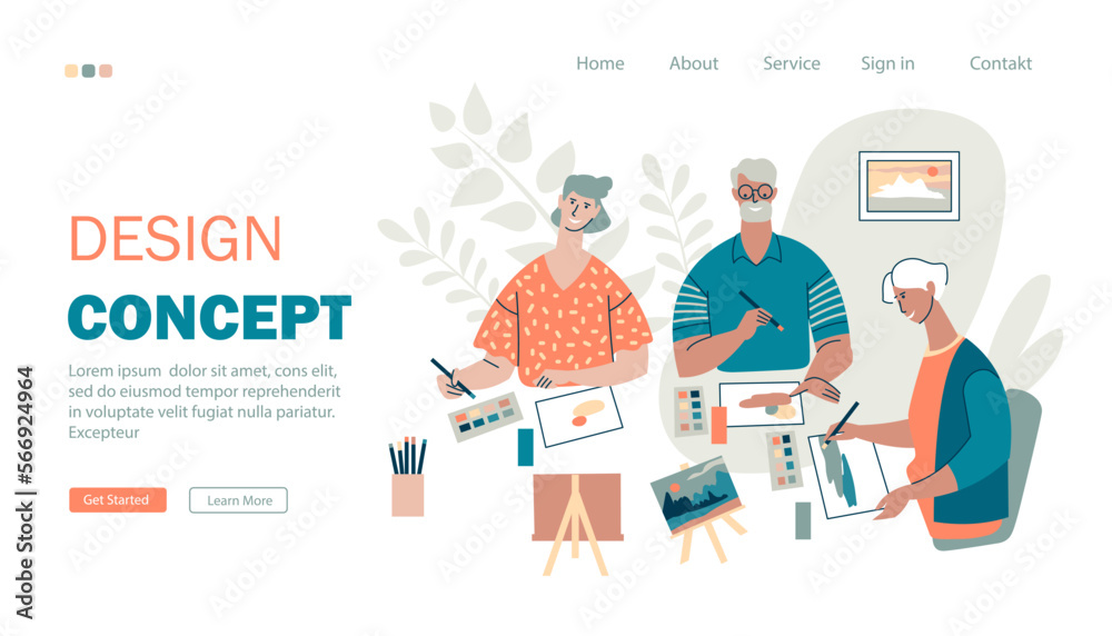 Landing page for an adult art class website. An older man and woman are engaged in painting in an art studio. Art therapy. Flat style, web page design. Vector template.