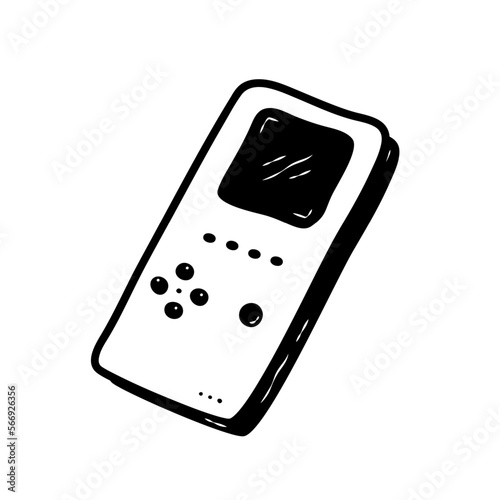 Retro game console hand drawn. Retro vibe doodle. Kids tetris portable console. Computer retro, arcade play concept. Vector illustration.