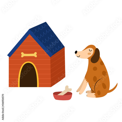 Cute dog and a kennel in cartoon style. Funny pet sitting near a doghouse with dish for meal. Vector illustration