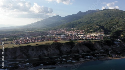 Drone lifting shot of the city of Debar on the reservoir Black Drin against the high mountains of North Macedonia nature photo