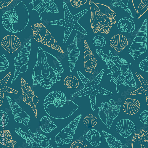 Seashells and starfish seamless pattern background vector illustration. Cute aquatic marine life doodle wallpapers