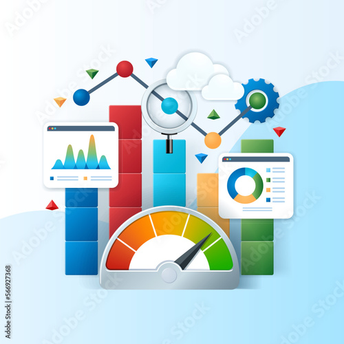 Benchmarking concept. Compare quality with other companies for improvement. Business banner. Web vector illustrations in 3D style