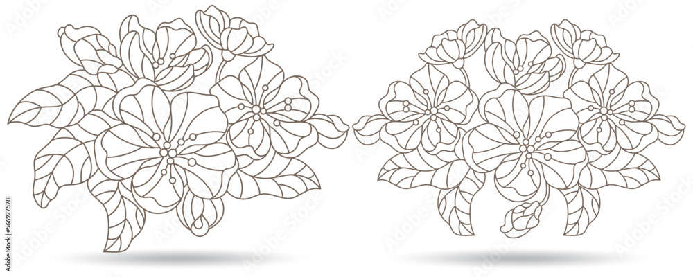 Fototapeta premium A set of contour illustrations in the style of stained glass with cherry blossoms, plants isolated on a white background