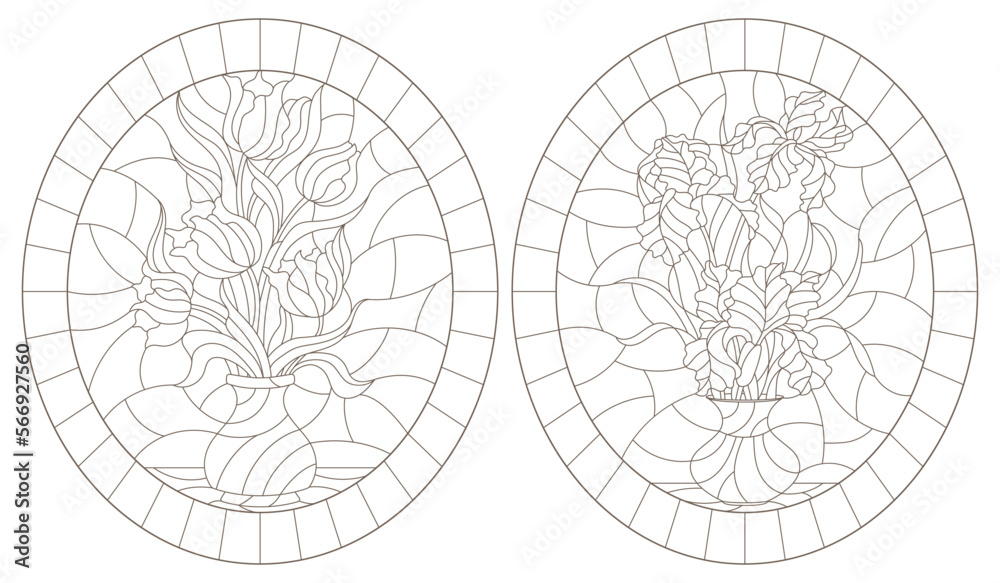 Set of contour illustrations of stained glass Windows with floral still lifes, bouquets of irises and tulips in vases, dark contours on a white background Set of contour illustrations of stained glass Windows with floral still lifes, bouquets of irises and tulips in vases, dark contours on a white background