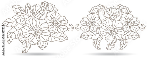 A set of contour illustrations in the style of stained glass with cherry blossoms, plants isolated on a white background