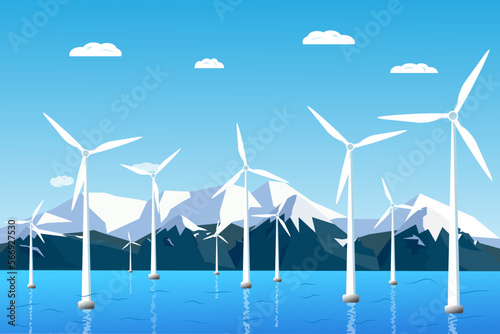 Land wind farms Green wind farms near the mountains, in the sea, in the ocean. vector illustration. Place for text