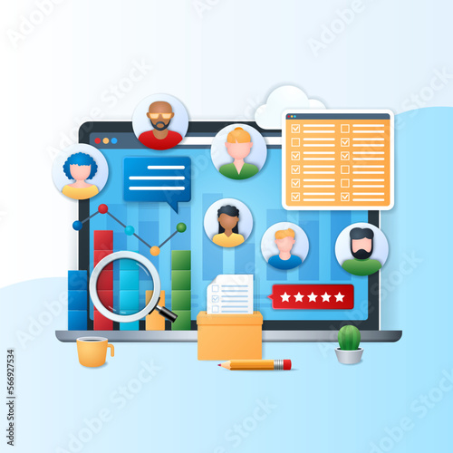 Online survey banner. Laptop with open diagram, graph, vote list pages on screen. People icons. Business concept. Web vector illustration in 3D style