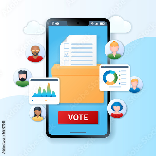 Online voting banner. Smartphone with people and ballot box icons on the screen. Electronic voting system for public projects, government rules and election. Web vector illustration in 3D style
