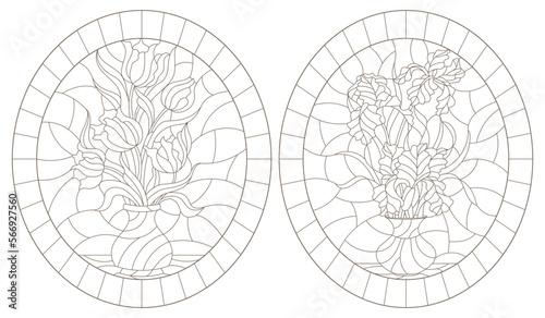 Set of contour illustrations of stained glass Windows with floral still lifes, bouquets of irises and tulips in vases, dark contours on a white background