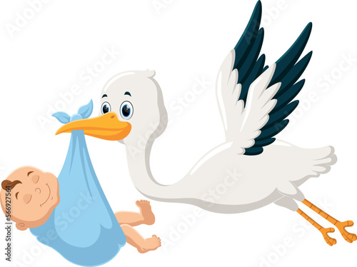 Cartoon Stork carrying baby isolated on white