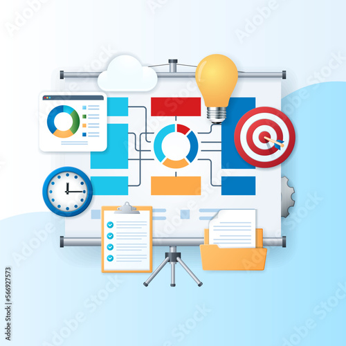 Project management concept. Projector screen with graphs and charts. Business concept. Web vector illustration in 3D style