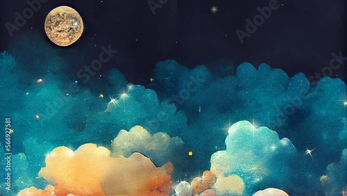 Sparkling night sky fantasy cloudscape animated dreamy music visualizer restful calm peaceful rainbow clouds colorful sparkles magical sky background (generative AI, AI)