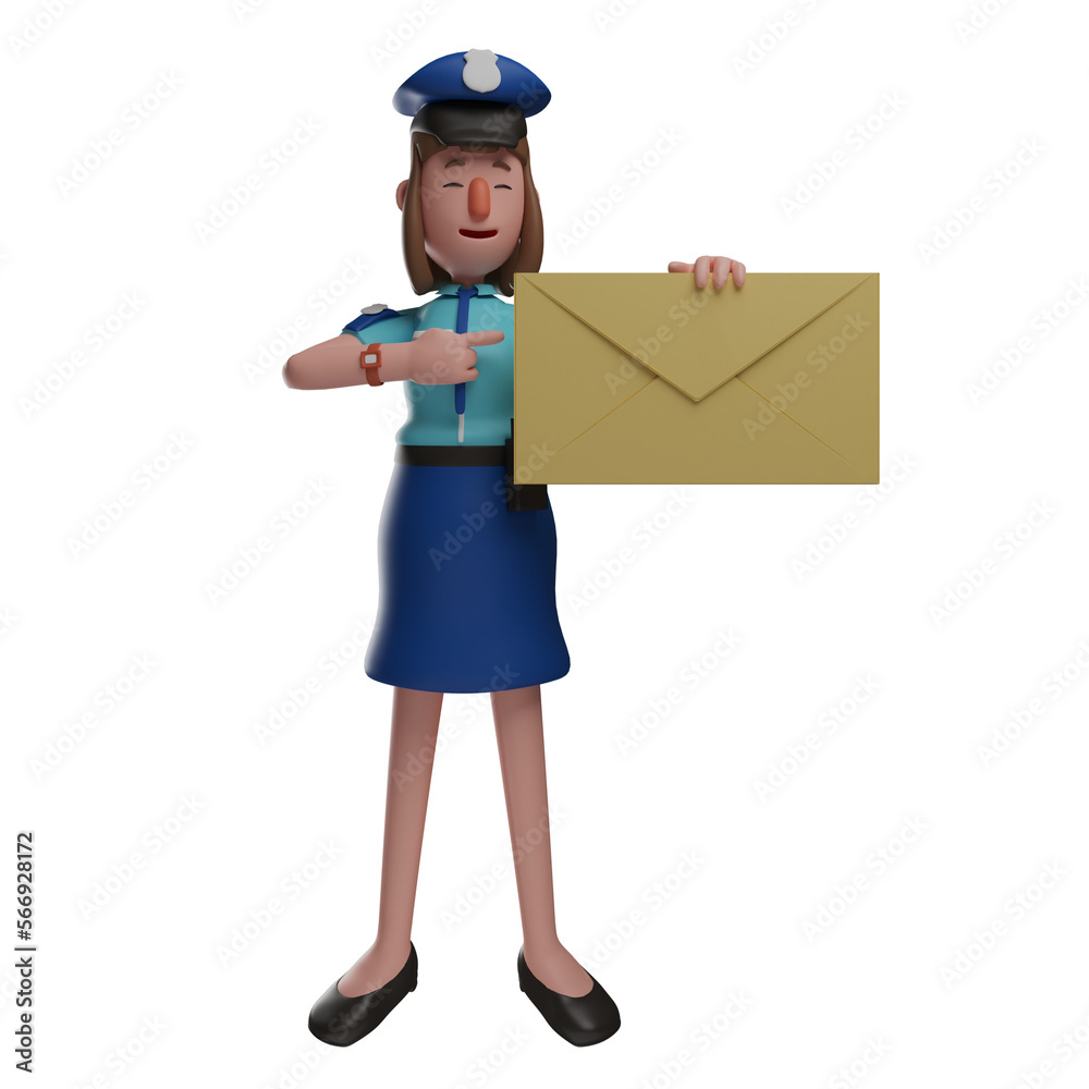 3D illustration. 3D Police Woman Cartoon Character holding a big envelope. in a pointing pose. wear cute costumes. 3D Cartoon Character