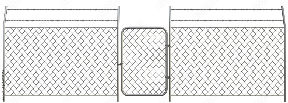 Metal chain link fences with barbed wire and metal door. Png Transparent Illustration