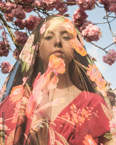 abstract fine art spring portrait of woman covered by thin floral veil and cherry blossom tree in background