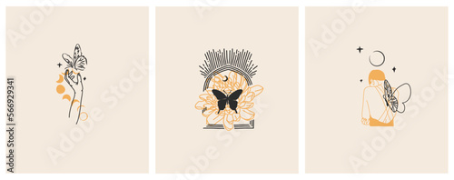 Hand drawn vector abstract graphic illustrations celestial design concept with logo magic line silhouette set of mystic flying butterfly,moth,sun and moon phase isolated. Magic drawing butterfly icon.