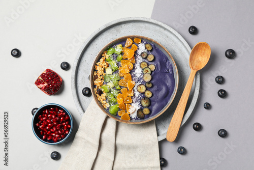 Concept of healthy food with acai smoothie, top view photo