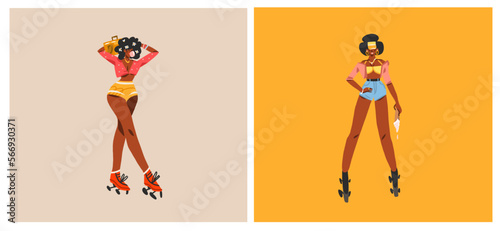 Hand drawn vector abstract modern graphic illustrations characters collection set of young women on disco party and rollerblading ,90s elements. African american concept. Cartoon character design .