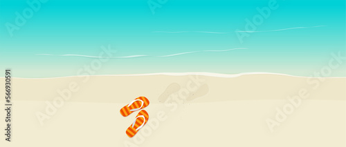 Beach sandals shoe in summer sea white sand relax background banner top view vector image illustration, swim time, above seaside coast peace paradise ocean water for travel holiday vacation graphic