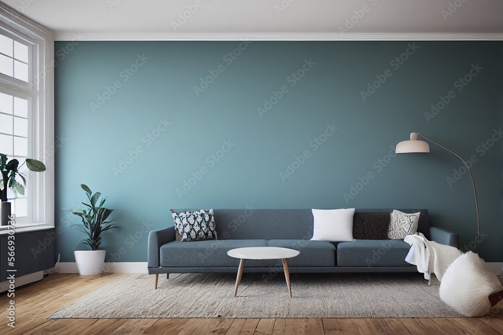 mock up poster frame in boho interior background, wooden living room design, Scandinavian style. Generative AI illustration