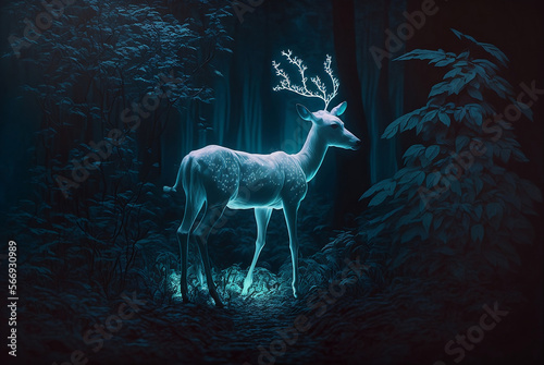 A white glowing deer in the forest.