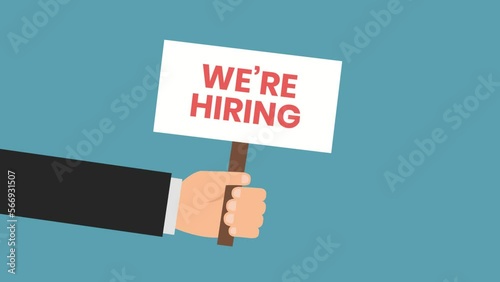 Animation We are hiring with hands holding information boards. Motion graphics and digital composition