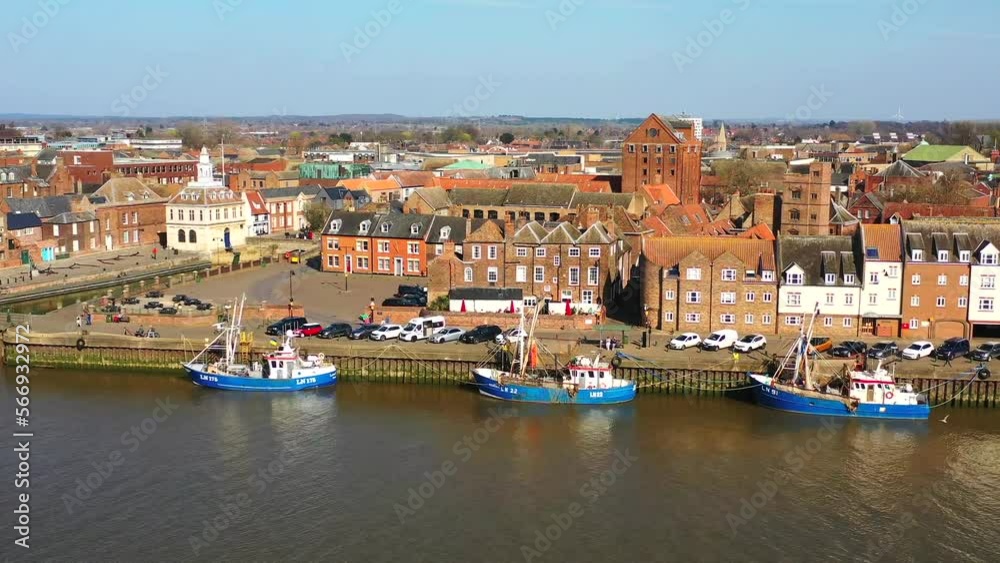 Aerial view of Kings Lynn riverfront, trawlers, Customs House and the River Great Ouse, Kings Lynn, Norfolk, UK. Aerial view of Kings Lynn riverfront, trawlers, Customs House and the River Great Ouse, Kings Lynn, Norfolk, UK.