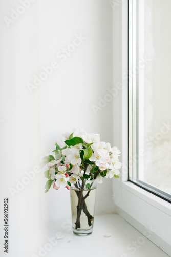Spring flowers in a vase on the windowsill