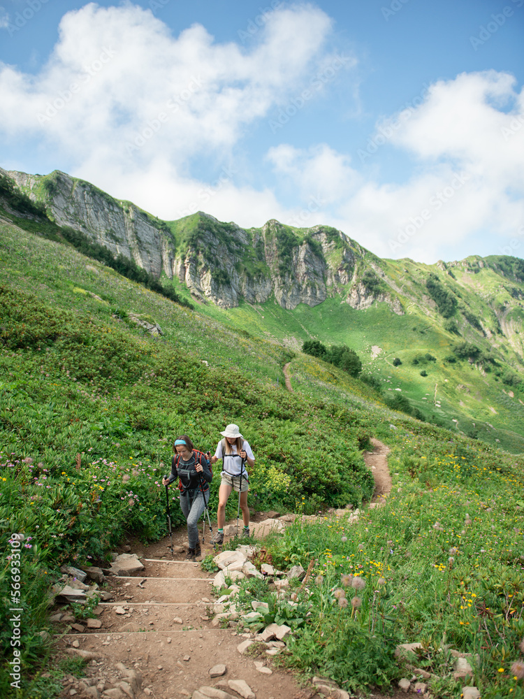 Two women with backpacks and trekking poles hiking in mountains enjoying the view during sunny day
Two women with backpacks and trekking poles hiking in mountains enjoying the view during sunny day
