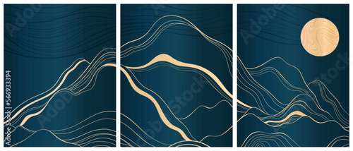 A minimalistic cards with mountains and an art deco style. Smooth gold lines on a dark blue background.