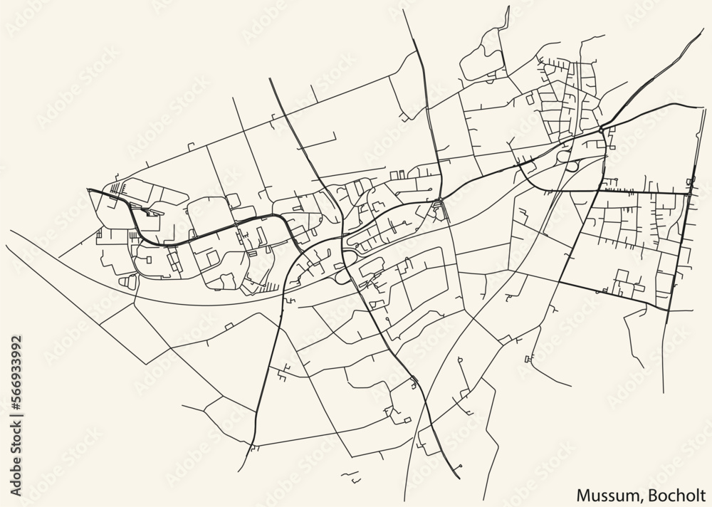 Detailed navigation black lines urban street roads map of the MUSSUM DISTRICT of the German town of BOCHOLT, Germany on vintage beige background