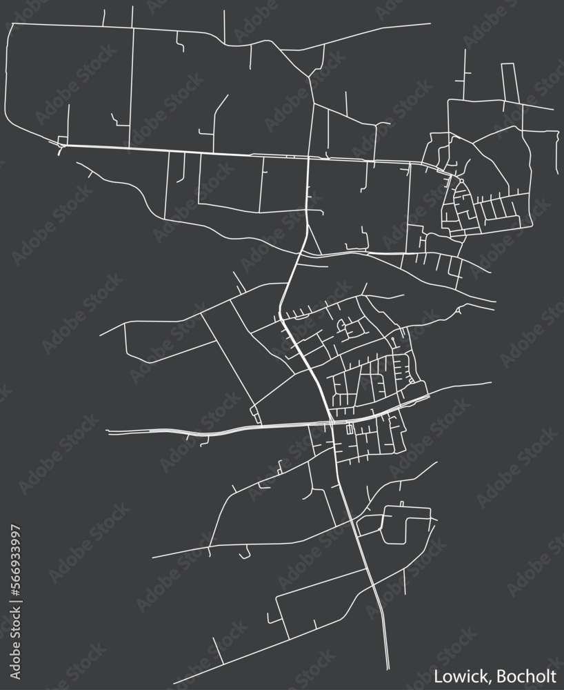 Detailed negative navigation white lines urban street roads map of the LOWICK DISTRICT of the German town of BOCHOLT, Germany on dark gray background