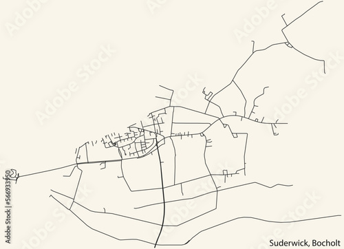 Detailed navigation black lines urban street roads map of the SUDERWICK DISTRICT of the German town of BOCHOLT, Germany on vintage beige background