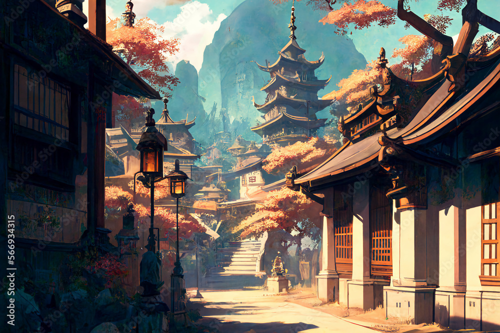 Fototapeta premium 美麗で幻想的な日本や和風系の背景のイラスト(AI generated image)