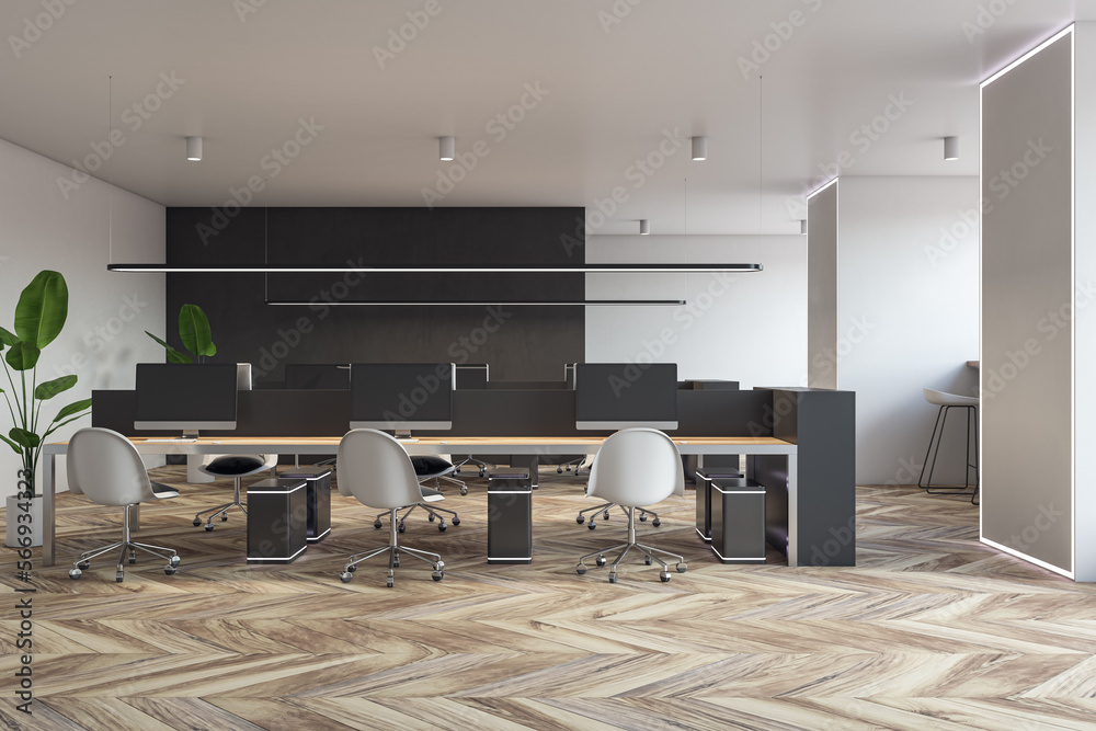 Luxury wooden coworking office interior with furniture and equipment. 3D Rendering. Luxury wooden coworking office interior with furniture and equipment. 3D Rendering.