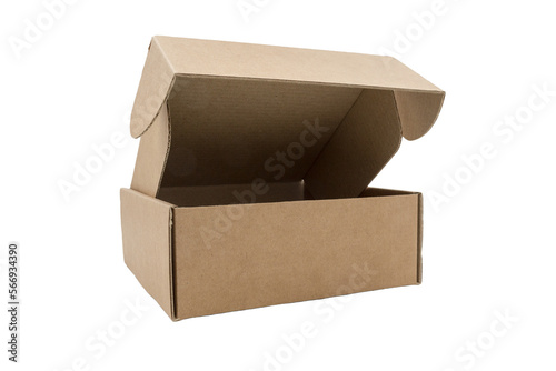open rectangular small brown box for transporting goods isolated on a white background, top view
