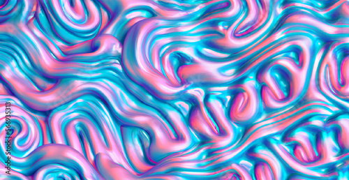 Texture di sfondo delle onde di plastica fusa smerigliata rosa e blu olografica degli anni '80 senza cuciture. Webpunk al neon astratto iridescente alla moda creato con intelligenza artificiale