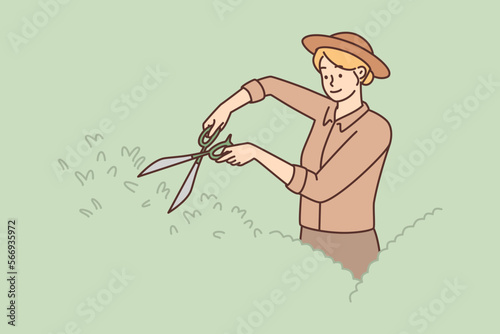 Woman gardener uses large scissors to shape bushes and remove diseased twigs