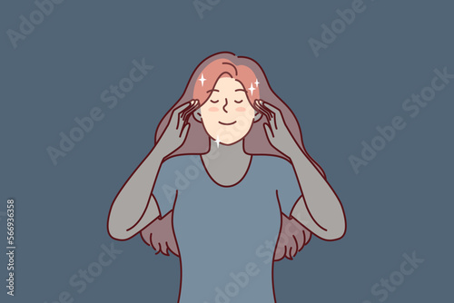 Peaceful woman touches temples with eyes closed, dreams of happy future or meditates to get rid of bad thoughts. Girl with long hair glows with positive emotions and good mood. Flat vector image 