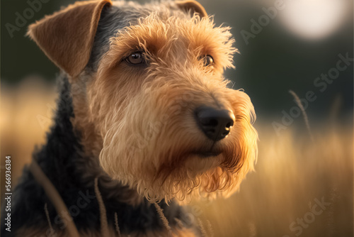 Portrait photo of an adorable Welsh Terrier dog. Welsh Terrier closeup view. Confident purposeful Dog looking up. Field around. A beautiful dog photo for advertises. generative AI