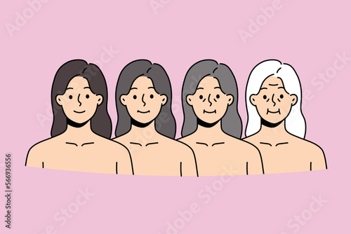 Set of woman faces in different age range. Collection of female aging from millennial girl to mature grey-haired grandmother. Vector illustration. 