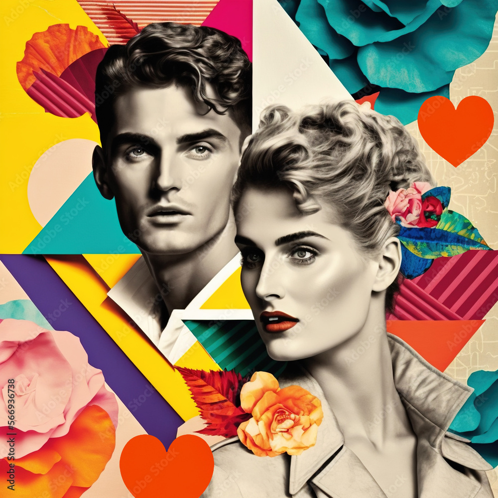 Fototapeta premium Valentines day, love, couple and hearts. 60s retro style fashion collage. Generative AI