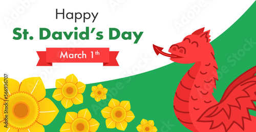Wales Welsh St David's Day Decorations Banner. Wales' national flag – showing a red dragon, and daffodils.