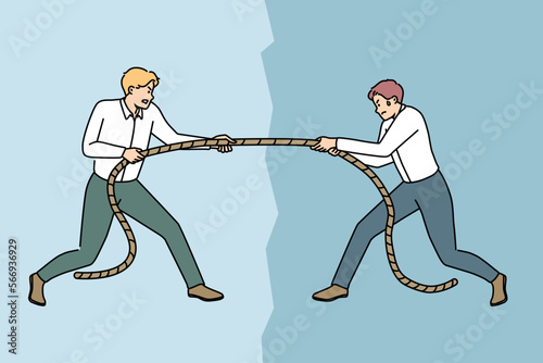 Motivated young male employees pulling rope compete for leadership at workplace. Mad men rivals or competitors fight for authority. Rivalry. Vector illustration. 