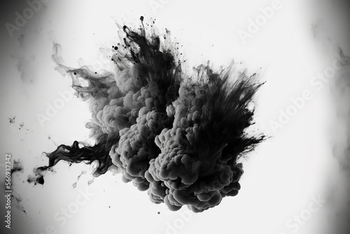 Black smoke explosion on empty white background. Isolated abstract burst brush. Generative ai