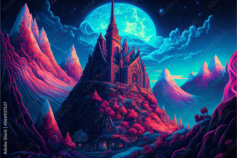 The illustration depicts a mountain with a castle in the foreground, set against the night sky.